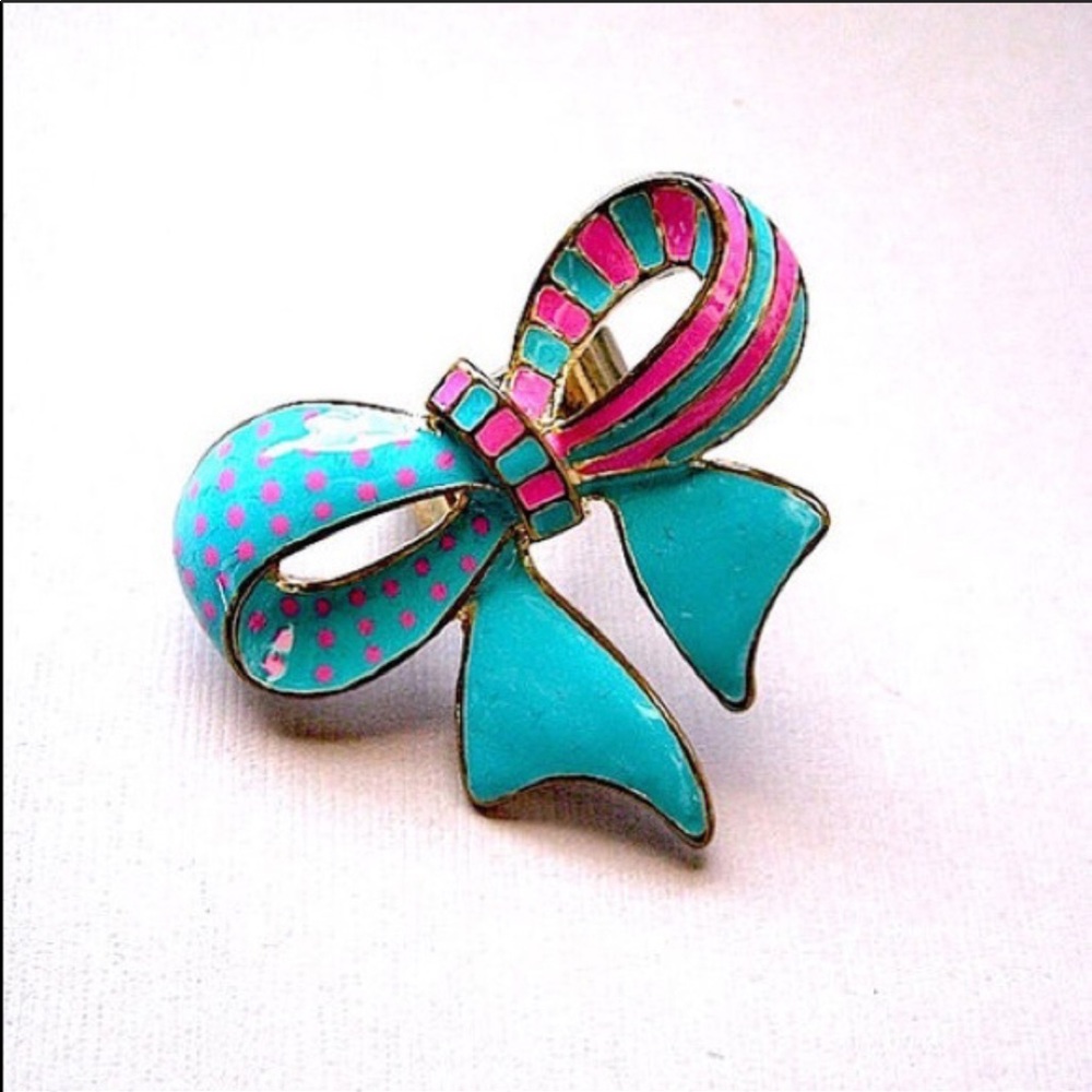 Oversized Aqua turquoise Pink Bow Ring adjustable